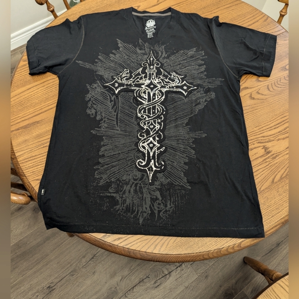 - Y2K vintage tee shirt . graphics of dragons sitting on a cross. Metallic…